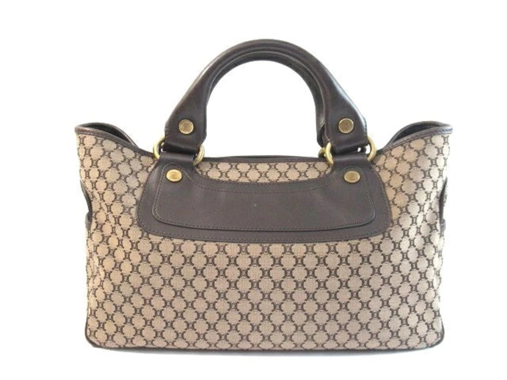 Celine Boogie Bag Macadam Canvas Calfskin Handbag Beige Cream Brown